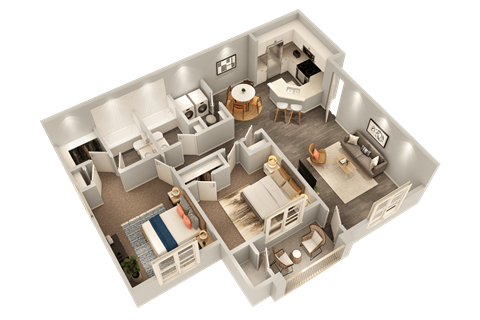 a 3d floor plan of a bedroom with a living room